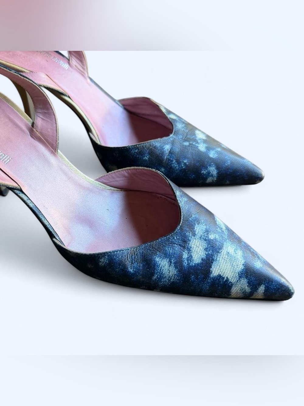 ❤️‍🔥 Y2K Roberto Cavalli slingback pointy toe heels denim print leather size 38